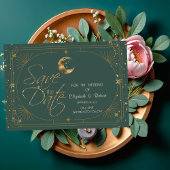 Celestial Gold Moon Stars Frame Green Save The Date