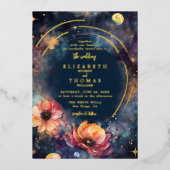 Celestial Gold Moon Stars Hochzeitsfeier Folieneinladung (Vorderseite)