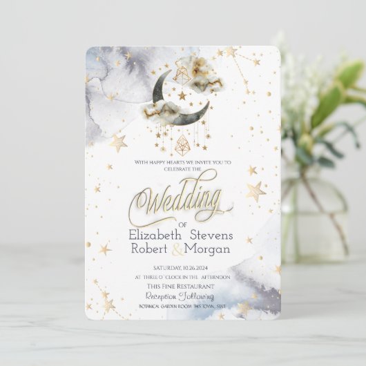 Celestial Gold Moon Stars Wasserfarbe Einladung (Stehend Vorderseite)
