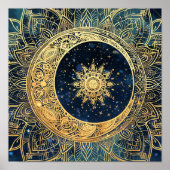 Celestial Gold Moon Sun Mandala Wasserfarbnebel Poster (Vorne)