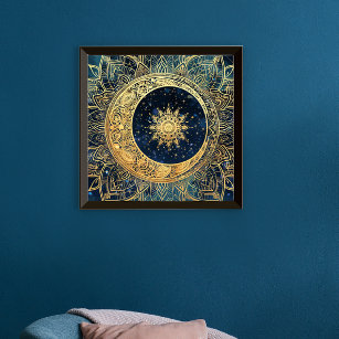 Celestial Gold Moon Sun Mandala Wasserfarbnebel Poster