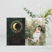 Celestial Gold Moon Zwei Foto Save the Date Einladung (Stehend Vorderseite)