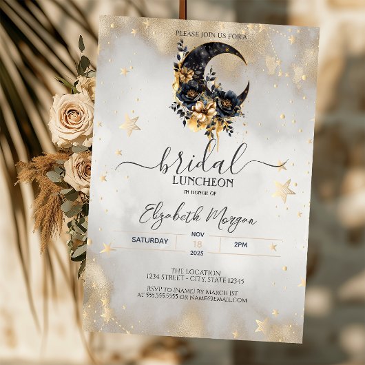 Celestial Gold Stars Floral Moon Bridal Luncheon Einladung