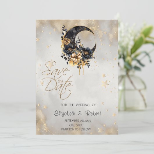 Celestial Gold Stars Floral Moon Save The Date (Stehend Vorderseite)