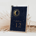 Celestial Gold Stars Hochzeiten Tischnummer<br><div class="desc">Unsere Kollektion "Celestial Gold Wedding" besticht durch einen wunderschönen Halbmond mit goldenen Sternen in verschiedenen Designs auf einem samtenen Mitternachtsblauen Hintergrund gepaart mit eleganten Schriftart. Einfach zu personalisieren und Sie können unter vielen anderen Artikeln aus dieser Sammlung in unserem Shop wählen.</div>