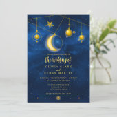 Celestial Gold Stars Midnight Blue Romantic Einladung (Stehend Vorderseite)