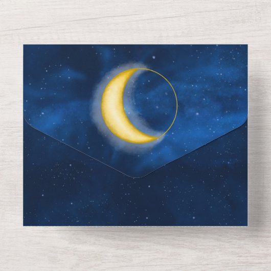 Celestial Gold Stars Mitternacht Blue Romantic All All In One Einladung (Rückseite)