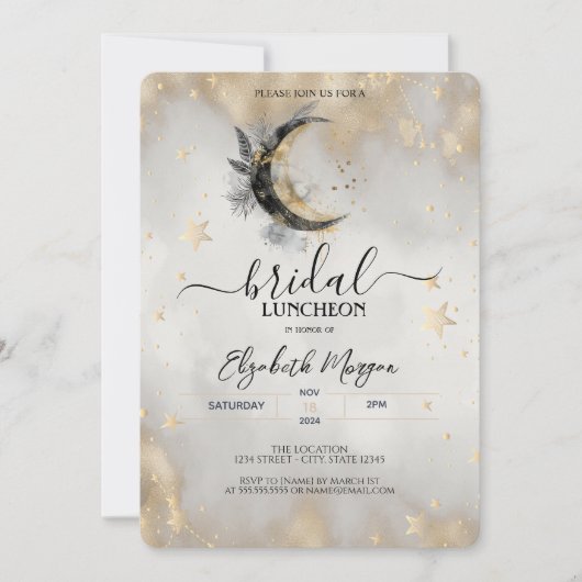 Celestial Gold Stars Moon Feather Bridal Luncheon Einladung (Vorderseite)