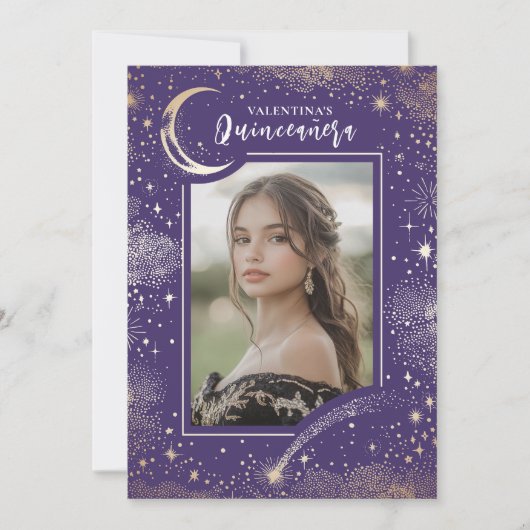 Celestial Gold Stars Moon Night Quinceanera Foto Einladung (Vorderseite)