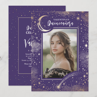 Celestial Gold Stars Moon Night Quinceanera Foto Einladung