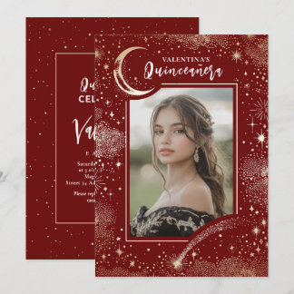 Celestial Gold Stars Moon Night Quinceanera Foto Einladung