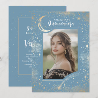 Celestial Gold Stars Moon Night Quinceanera Foto Einladung