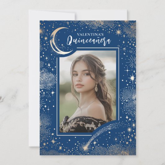 Celestial Gold Stars Moon Night Quinceanera Foto Einladung (Vorderseite)