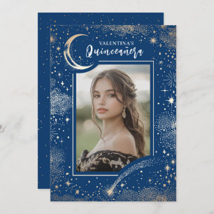 Celestial Gold Stars Moon Night Quinceanera Foto Einladung