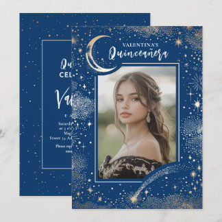 Celestial Gold Stars Moon Night Quinceanera Foto Einladung