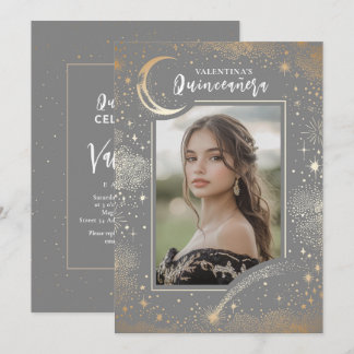 Celestial Gold Stars Moon Night Quinceanera Foto Einladung