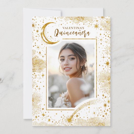 Celestial Gold Stars Moon Night Quinceanera Foto Einladung (Vorderseite)