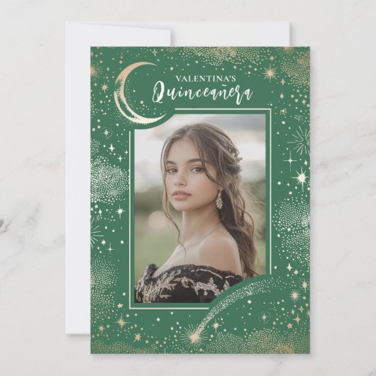 Celestial Gold Stars Moon Night Quinceanera Foto Einladung (Vorderseite)