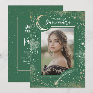 Celestial Gold Stars Moon Night Quinceanera Foto Einladung
