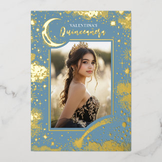 Celestial Gold Stars Moon Night Quinceanera Foto Folieneinladung