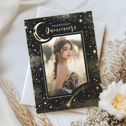 Celestial Gold Stars Moon Night Quinceanera Foto Folieneinladung