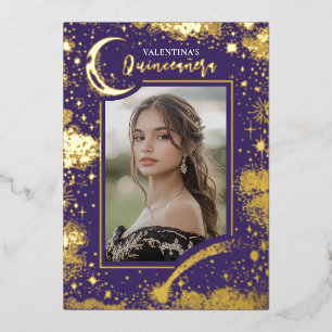 Celestial Gold Stars Moon Night Quinceanera Foto Folieneinladung