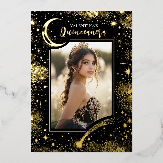 Celestial Gold Stars Moon Night Quinceanera Foto Folieneinladung (Vorderseite)