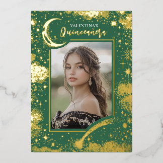 Celestial Gold Stars Moon Night Quinceanera Foto Folieneinladung