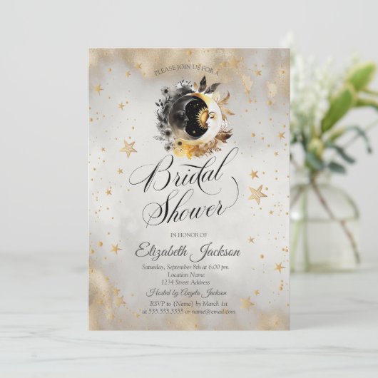 Celestial Gold Stars Moons Blume Brautparty Einladung (Stehend Vorderseite)