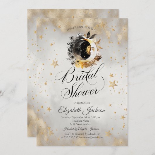 Celestial Gold Stars Moons Blume Brautparty Einladung (Vorne/Hinten)