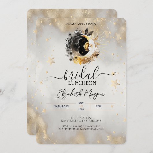 Celestial Gold Stars Moons Blume Bridal Luncheon Einladung (Vorne/Hinten)
