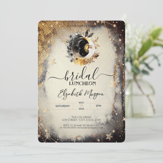 Celestial Gold Stars Moons Dark Bridal Luncheon Einladung (Stehend Vorderseite)