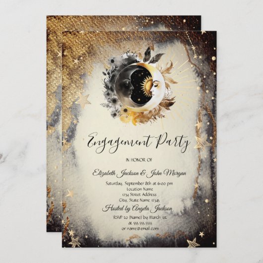 Celestial Gold Stars Moons Dark Einladung (Vorne/Hinten)