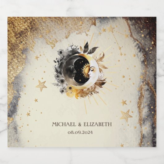 Celestial Gold Stars Moons Dark Schaumweinetikett (Einzelnes Label)