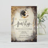 Celestial Gold Stars Moons Dunkle Verlobung Einladung (Stehend Vorderseite)