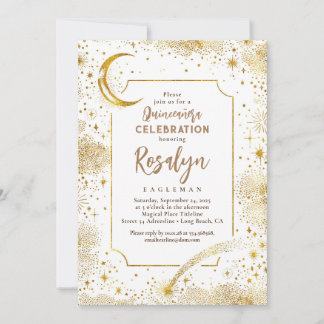 Celestial Gold Stars und Mondnacht Quinceanera Einladung