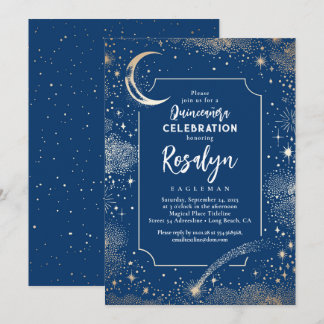 Celestial Gold Stars und Mondnacht Quinceanera Einladung