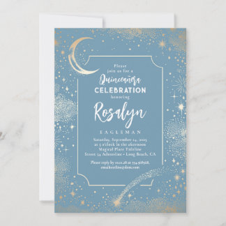 Celestial Gold Stars und Mondnacht Quinceanera Einladung