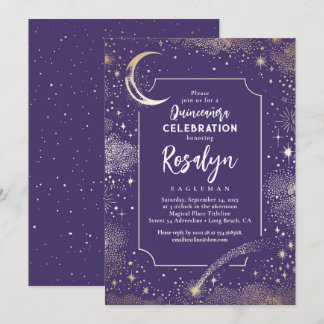 Celestial Gold Stars und Mondnacht Quinceanera Einladung