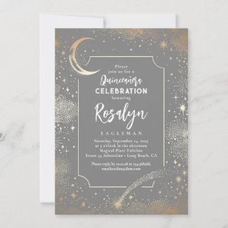 Celestial Gold Stars und Mondnacht Quinceanera Einladung