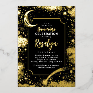 Celestial Gold Stars und Mondnacht Quinceanera Folieneinladung