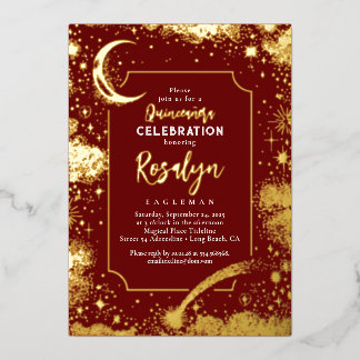 Celestial Gold Stars und Mondnacht Quinceanera Folieneinladung