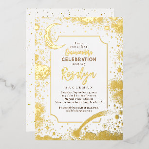 Celestial Gold Stars und Mondnacht Quinceanera Folieneinladung