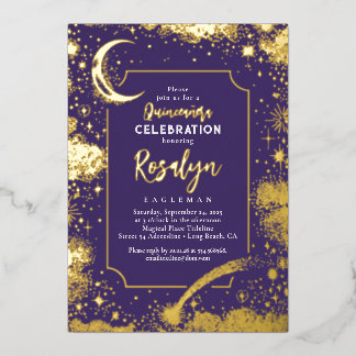 Celestial Gold Stars und Mondnacht Quinceanera Folieneinladung