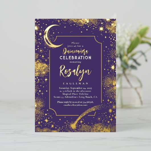 Celestial Gold Stars und Mondnacht Quinceanera Folieneinladung (Stehend vorne)