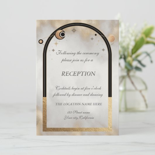 Celestial Gold Sun and Moon Galaxy Einladung (Stehend Vorderseite)