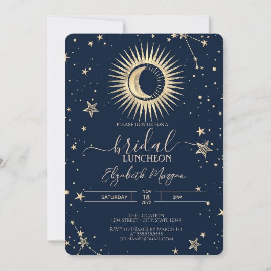 Celestial Gold Sun and Moon Stars Bridal Luncheon Einladung (Vorderseite)