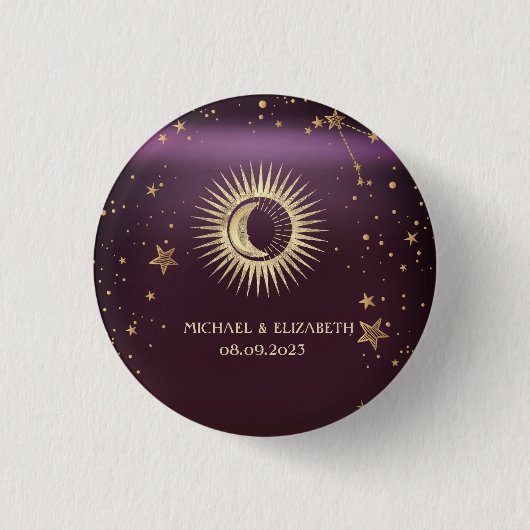 Celestial Gold Sun and Moon Stars Burgundy Button (Vorderseite)