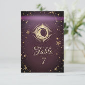 Celestial Gold Sun and Moon Stars Burgundy Einladung (Stehend Vorderseite)