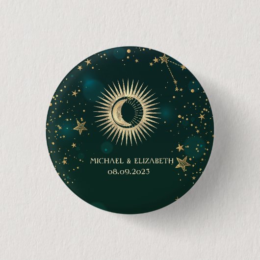 Celestial Gold Sun and Moon Stars Green Button (Vorderseite)